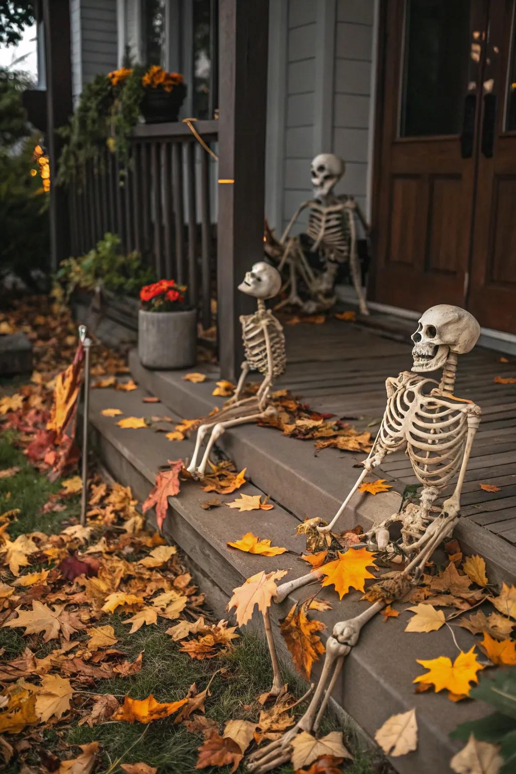 Skeletons embraced by the rich colors of autumn leaves.