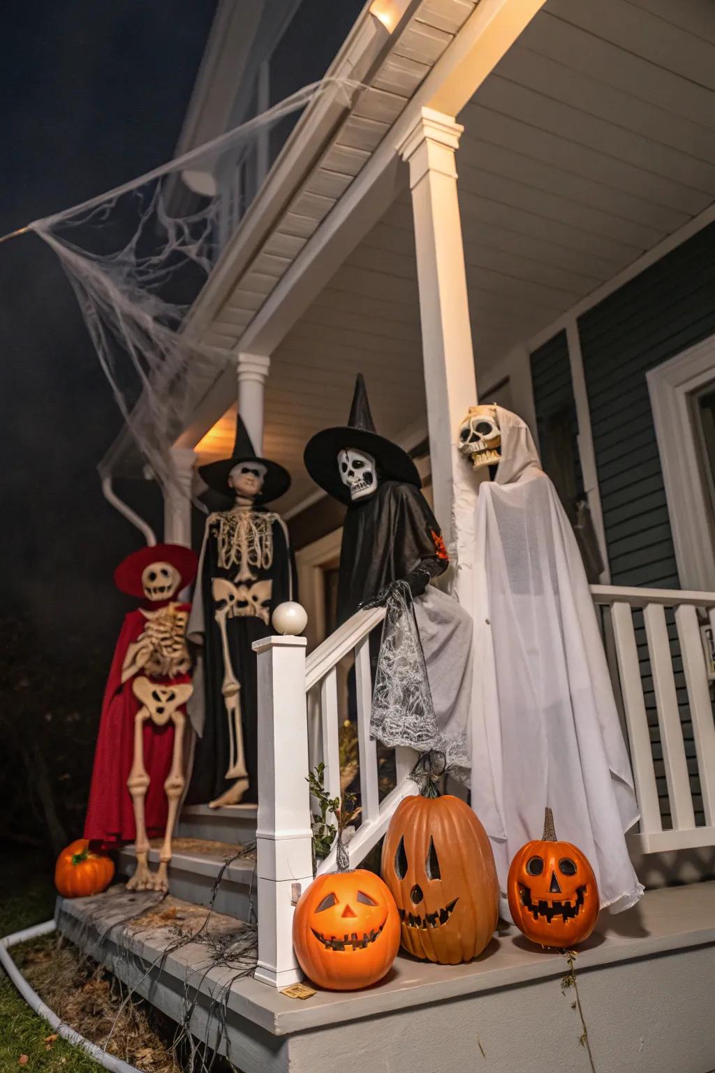 Skeletons flaunting their favorite Halloween costumes.