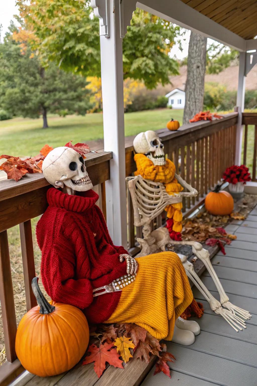 Skeletons wrapped up warmly in sweaters for a cozy Halloween.