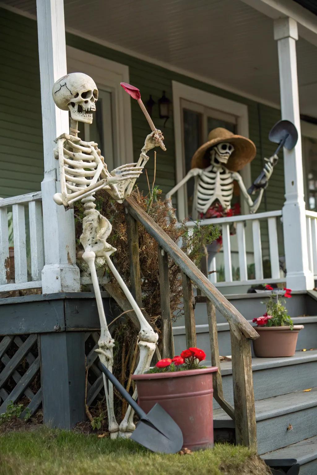 Skeletons pretending to be gardeners with pots of mums.