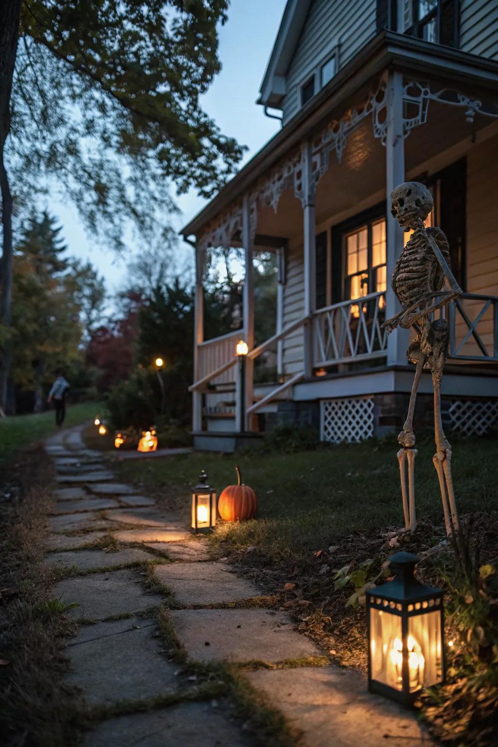 A lantern-lit path guiding you to a friendly skeleton.