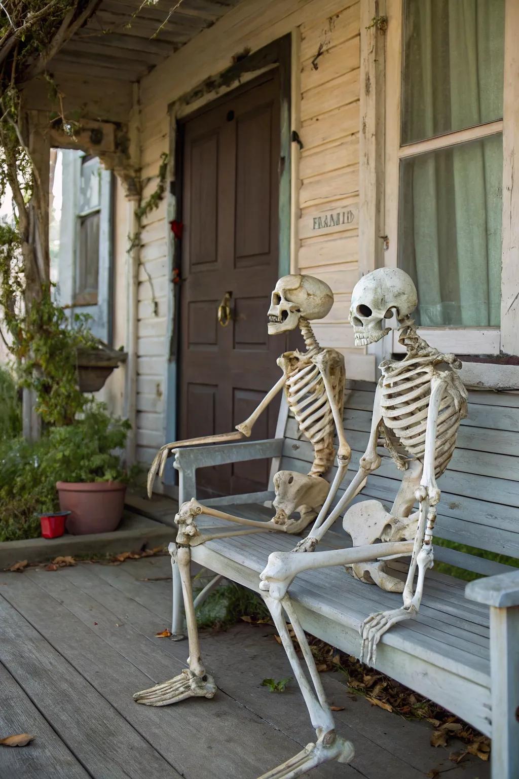 Chilled-out skeletons enjoying a moment on the porch bench.