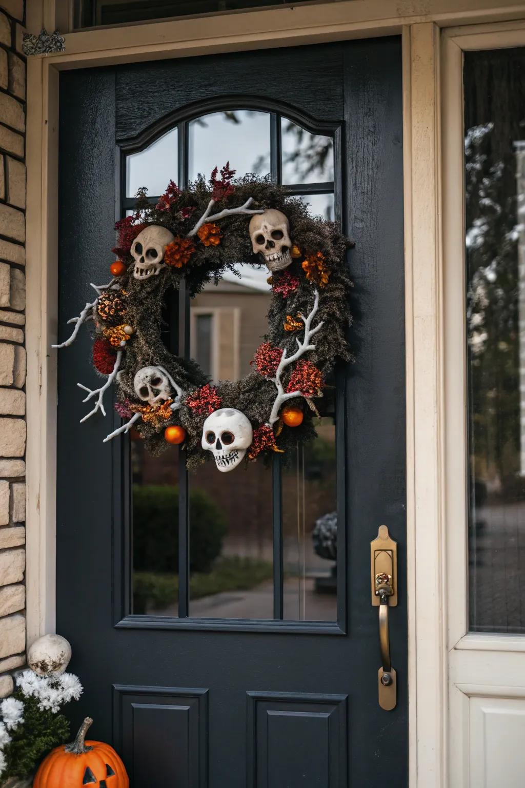 A skeleton-themed wreath perfectly setting the Halloween mood.