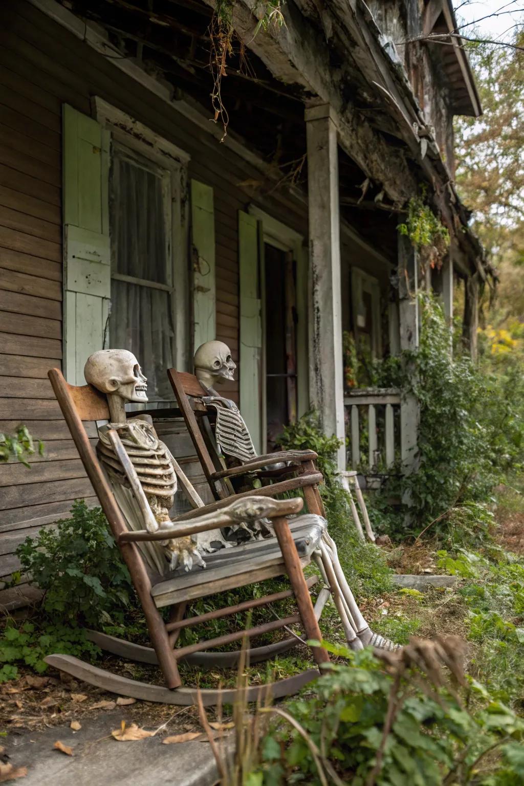 Skeletons relaxing in rocking chairs, ready for Halloween.