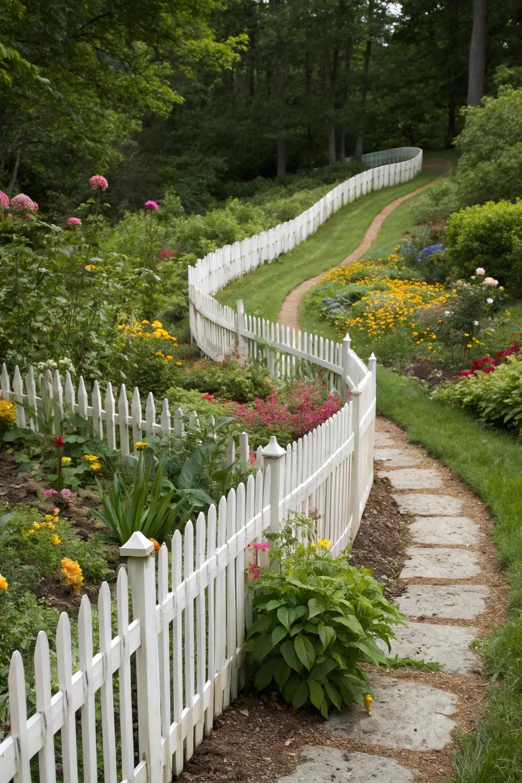 Waved picket fence adding a playful element to the garden.