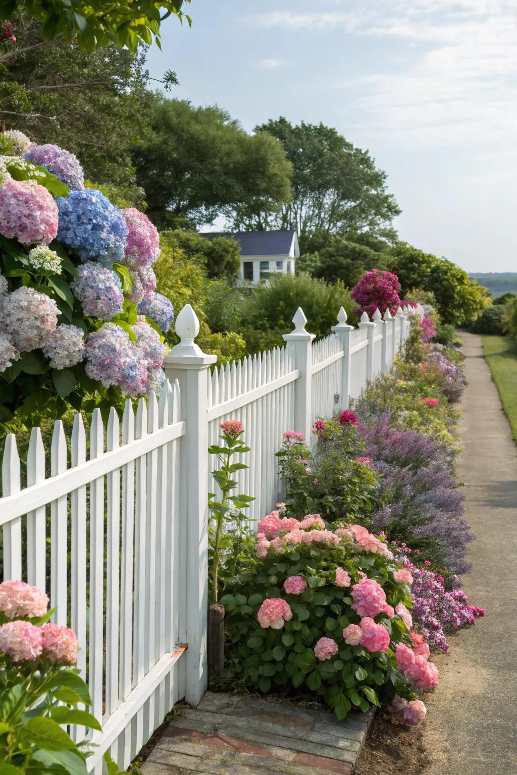 Lush garden backdrop with hydrangeas enhancing the picket fence.
