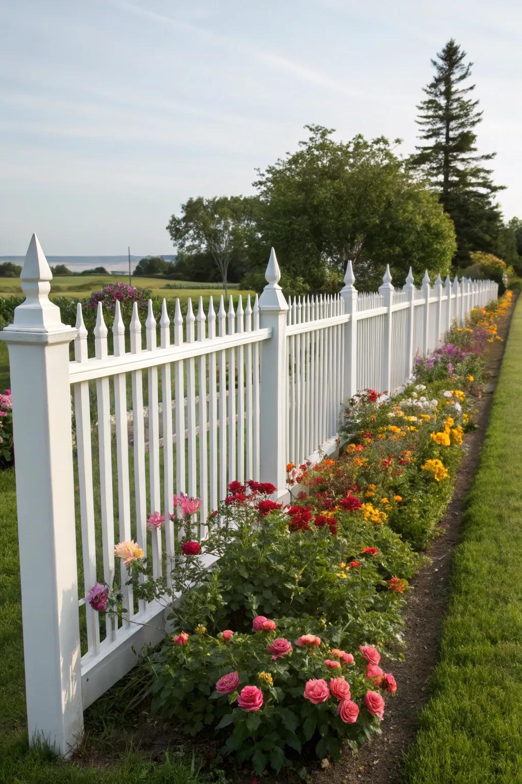 Traditional white picket fence complementing a colorful flower garden.