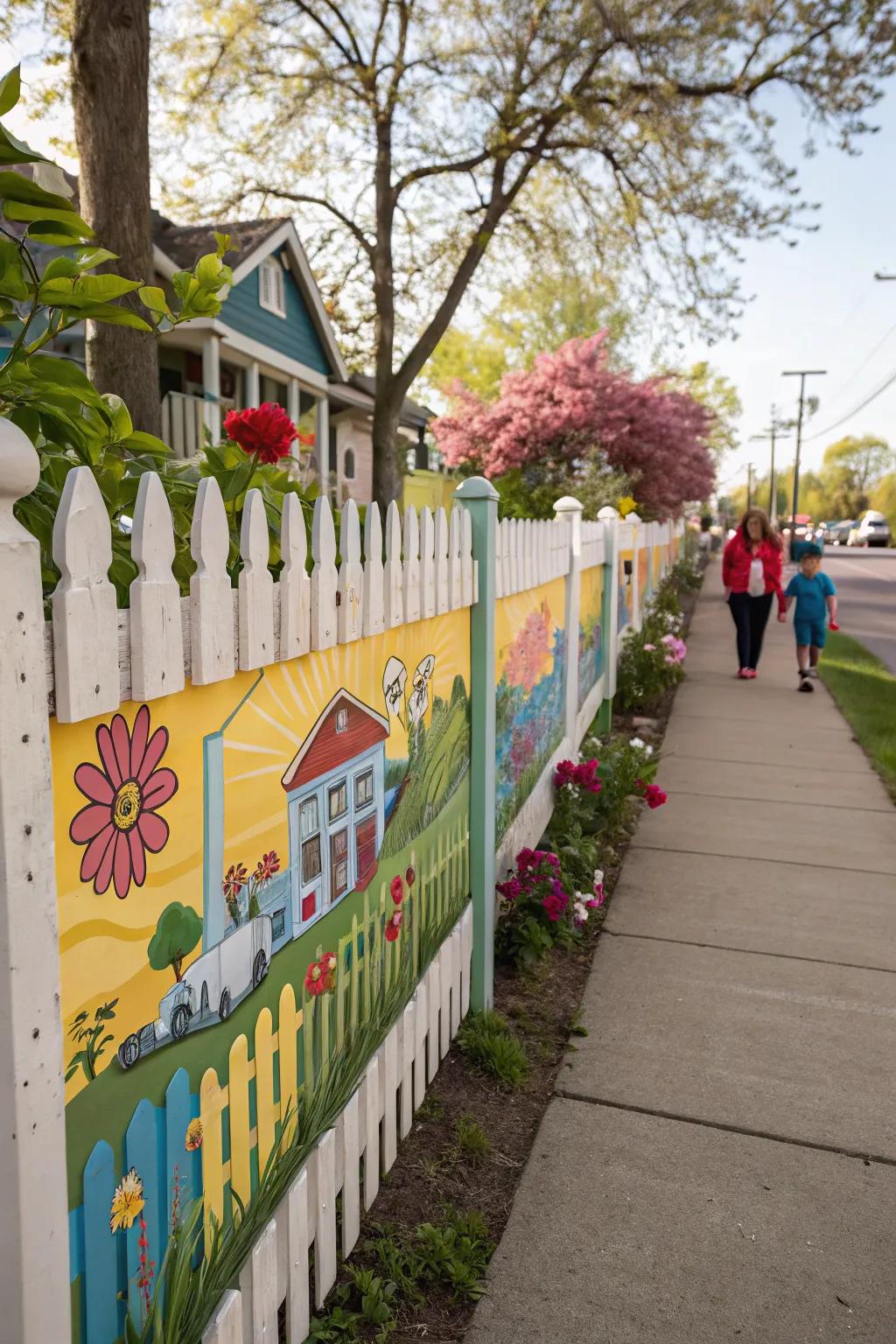 Community mural picket fence showcasing creativity and vibrancy.