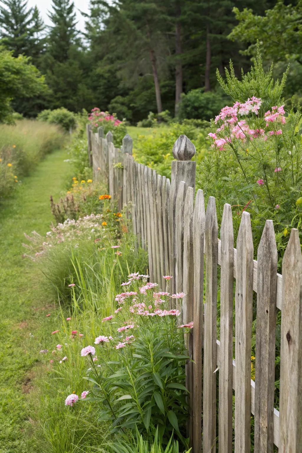 Natural wood picket fence made of cedar that ages gracefully.