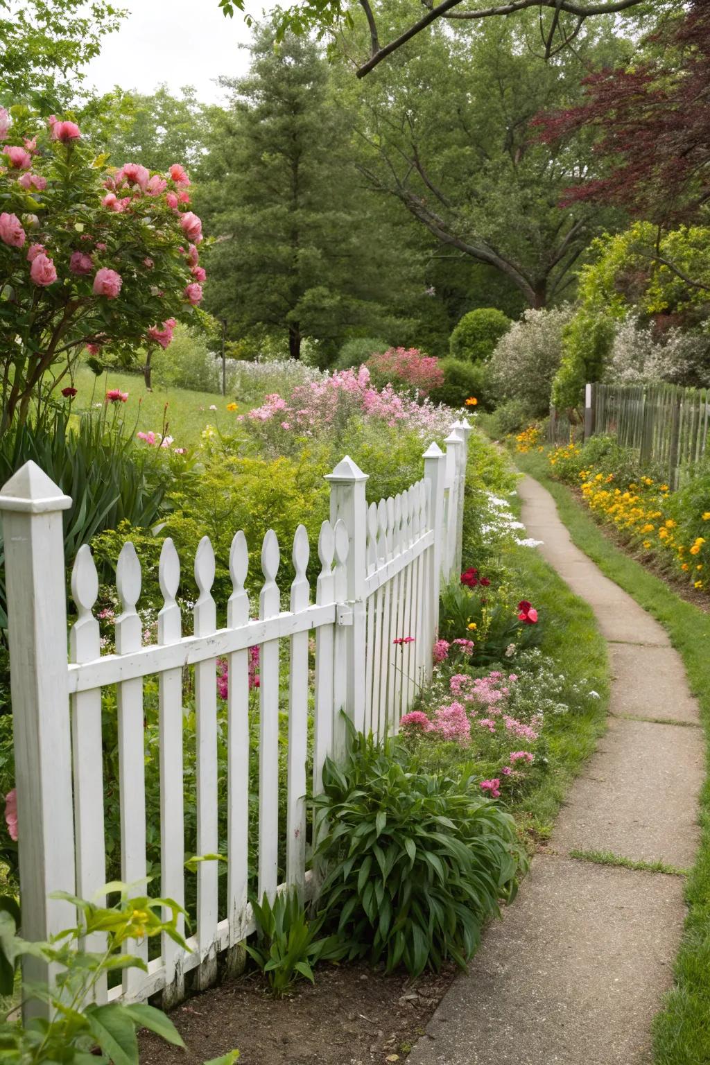 Picket fence highlighting a garden corner and creating distinct zones.