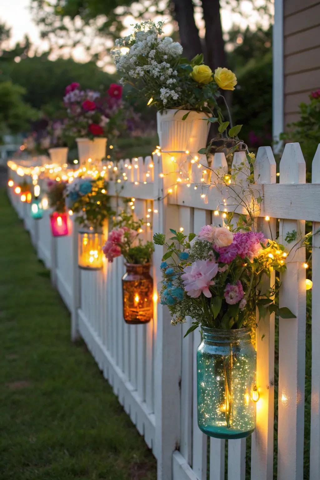 Decorated picket fence with mason jars and lights for special occasions.