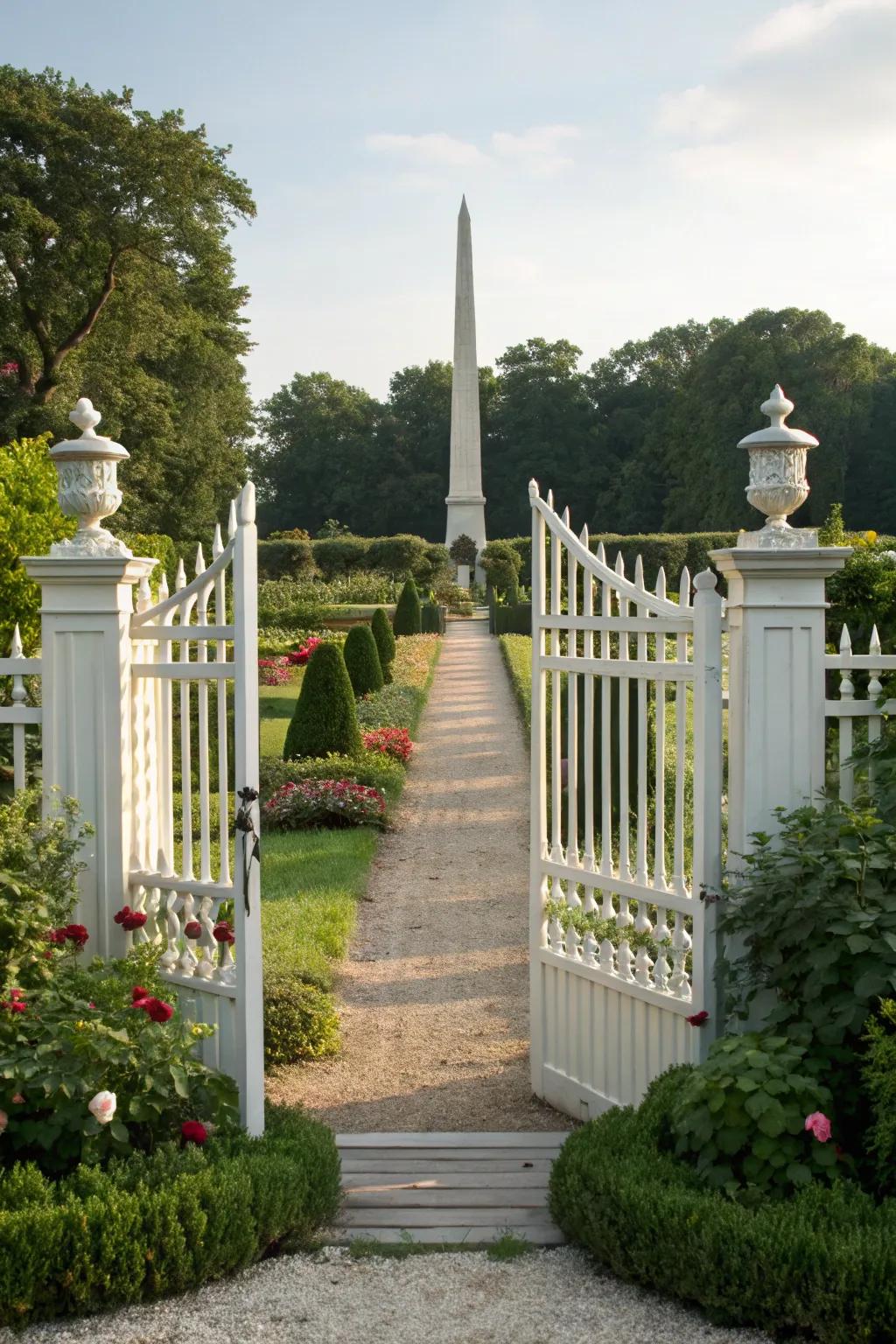 Striking obelisk picket fence adding grandeur to the garden entrance.