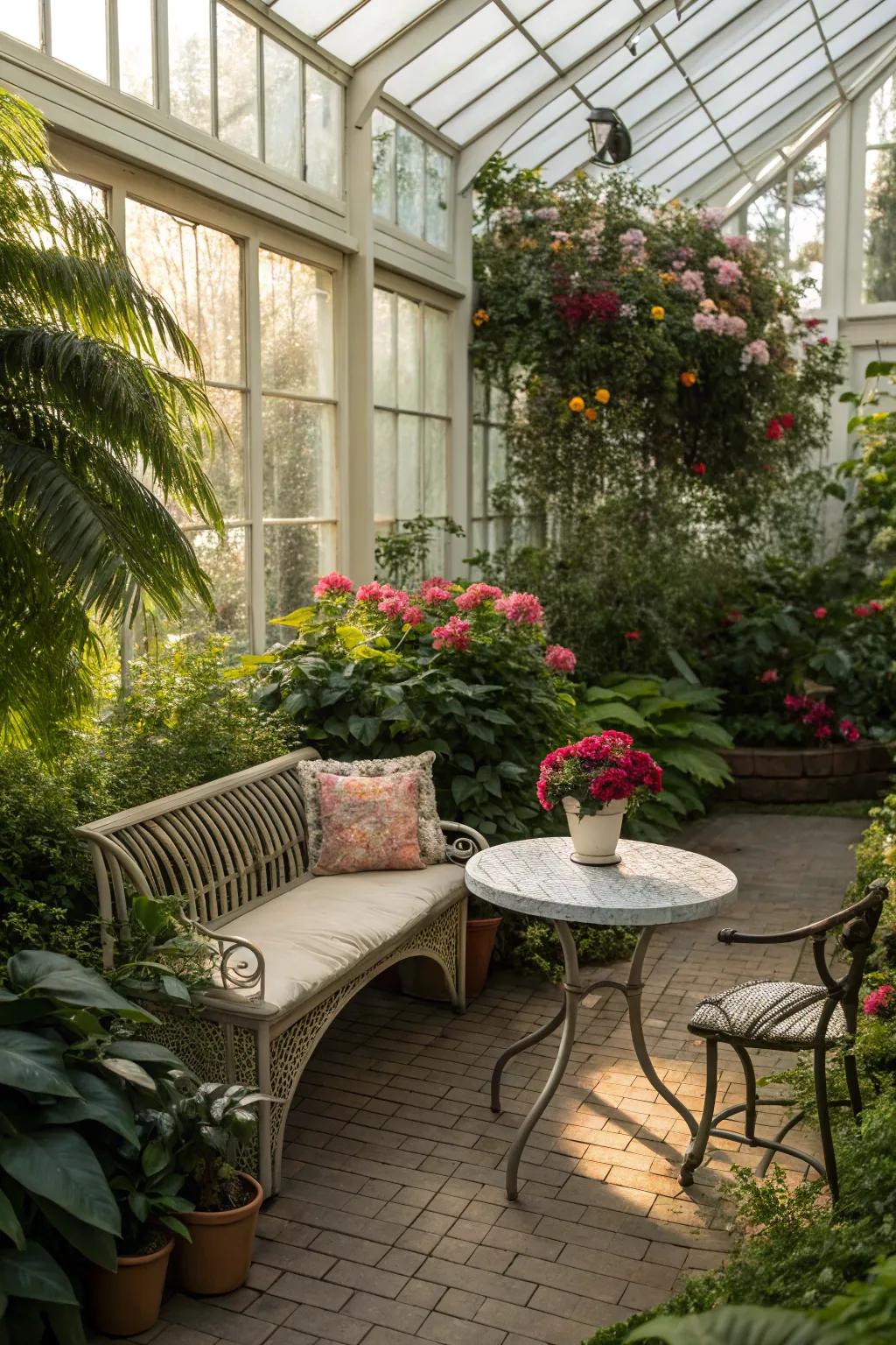 A cozy seating nook within a greenhouse, surrounded by lush plants.