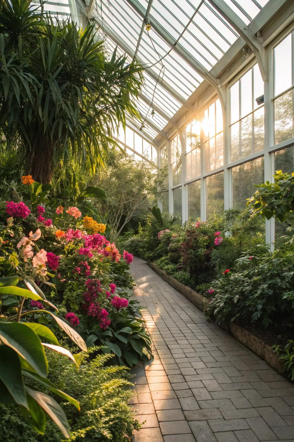 Natural light streaming through a greenhouse, illuminating the plants.