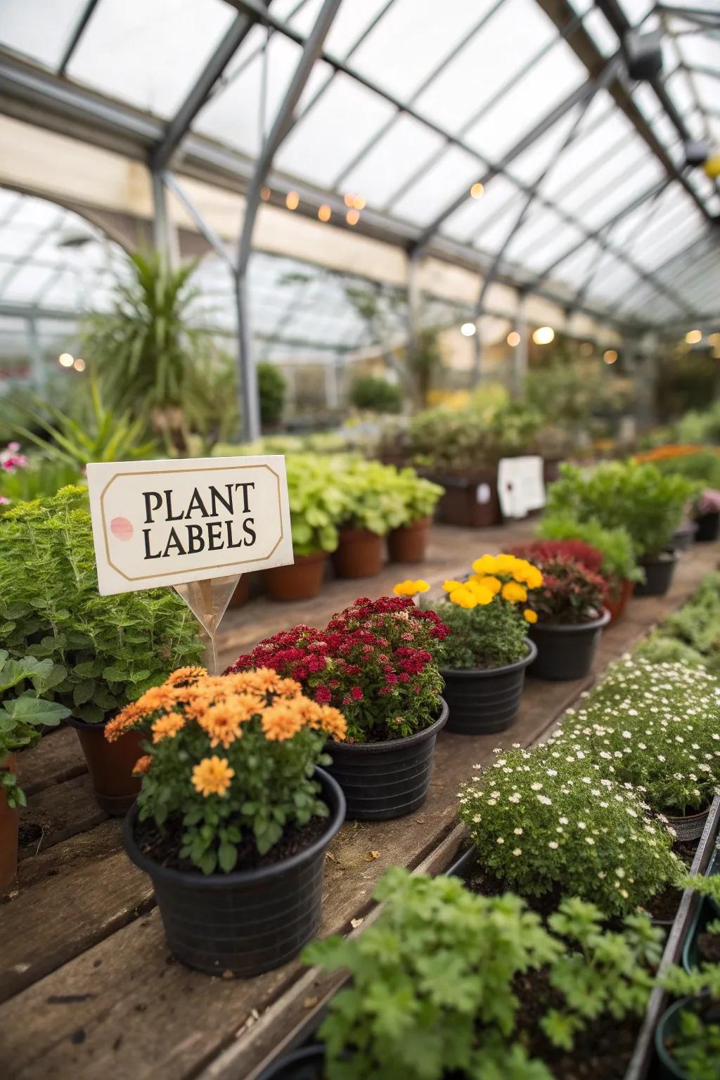 Personalized labels in a greenhouse for plant identification and care.