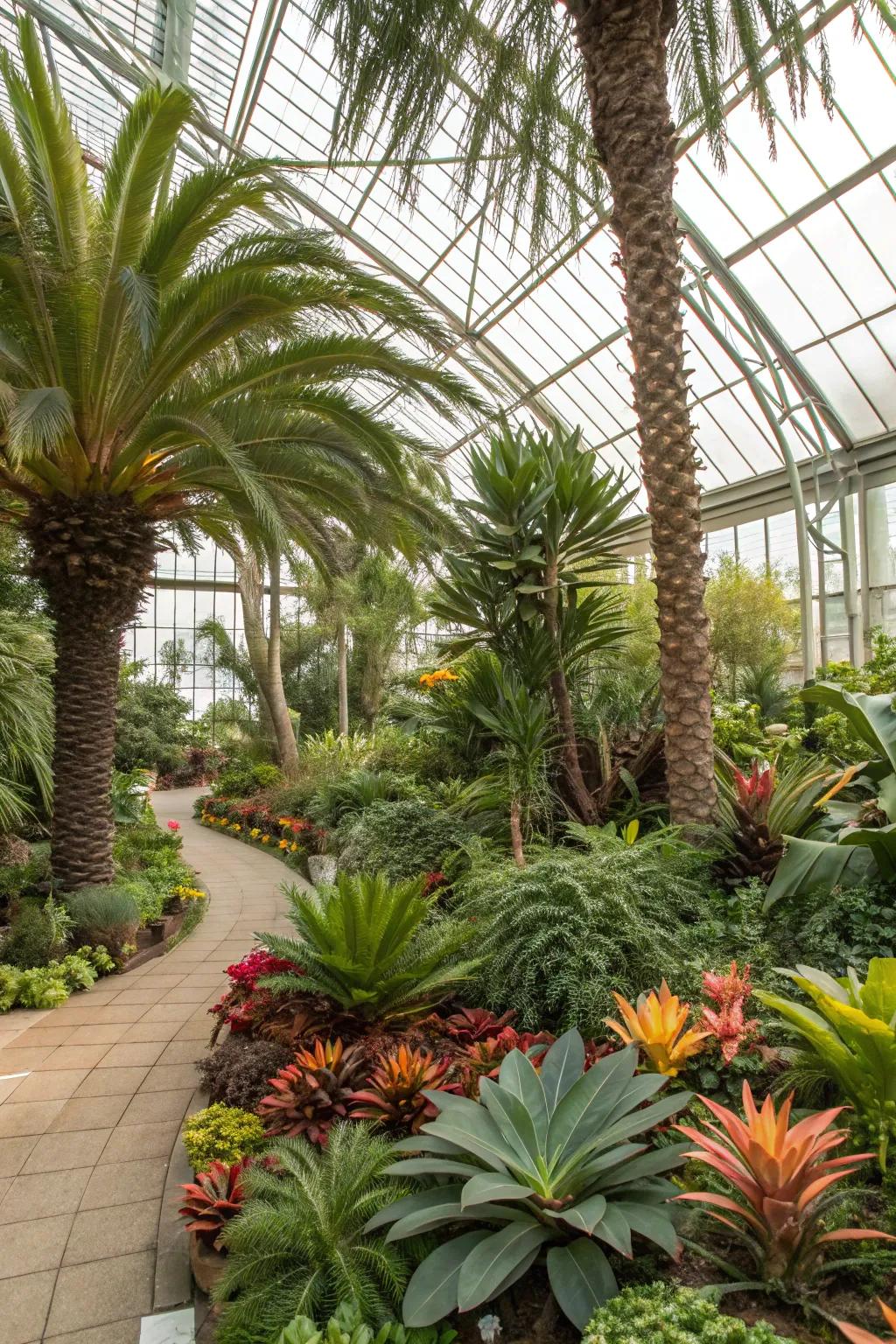 A greenhouse interior with a rich variety of plants creating a lush oasis.