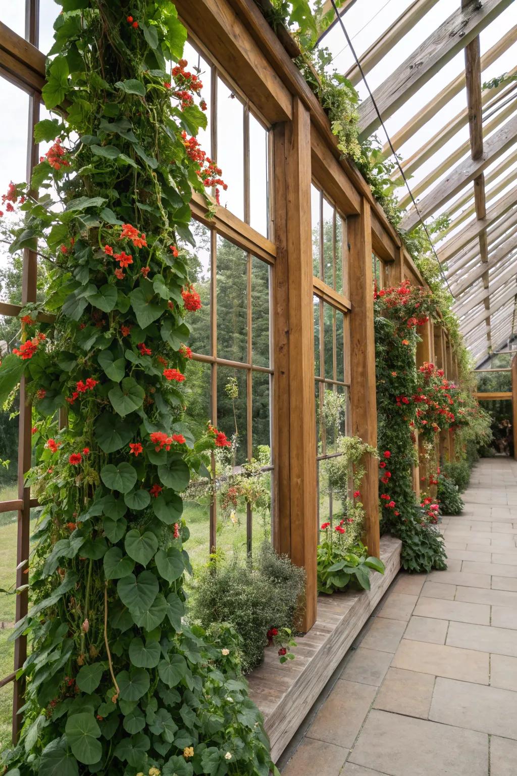 Trellises in a greenhouse providing support for climbing plants.