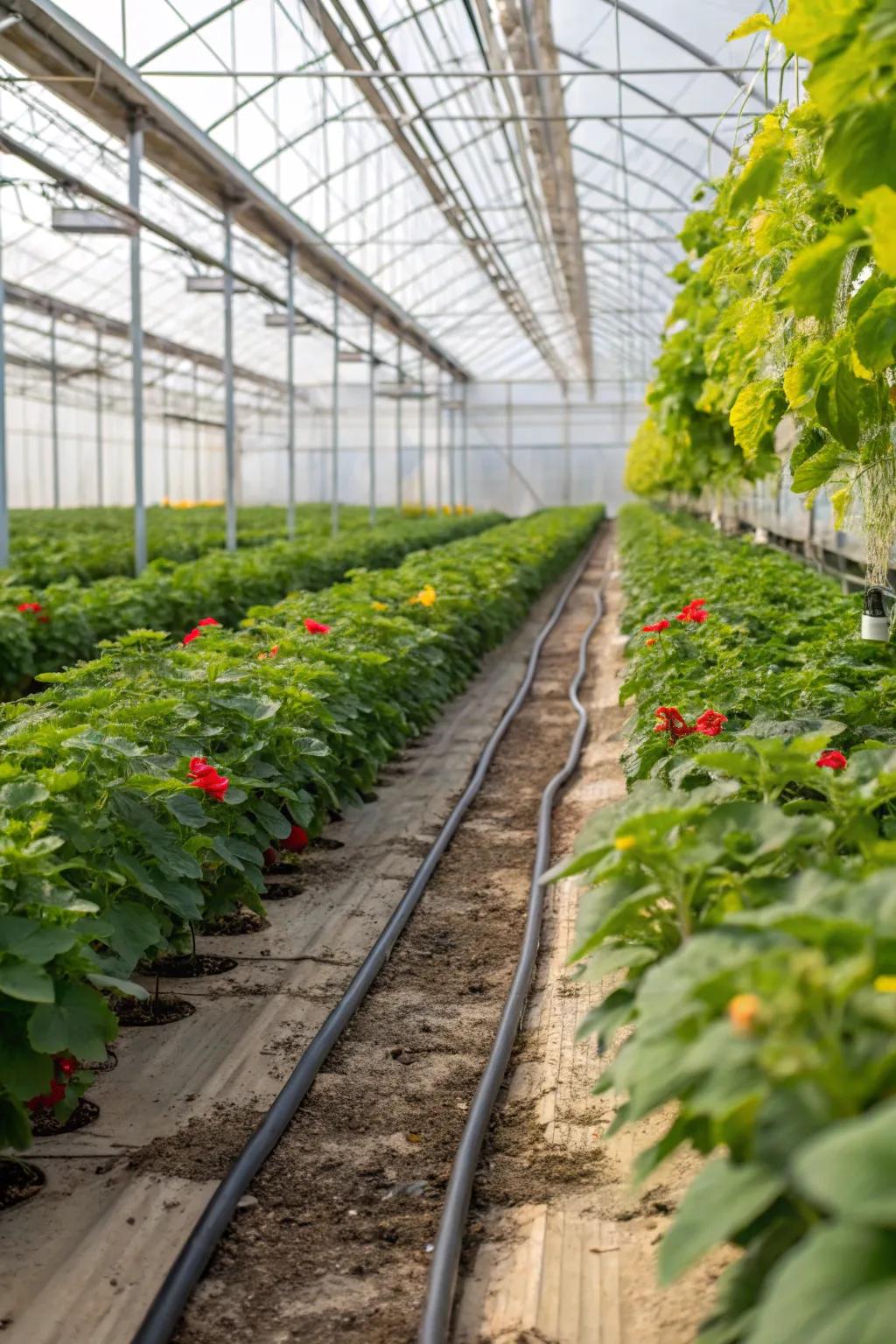 A drip irrigation system in a greenhouse, providing efficient water distribution.