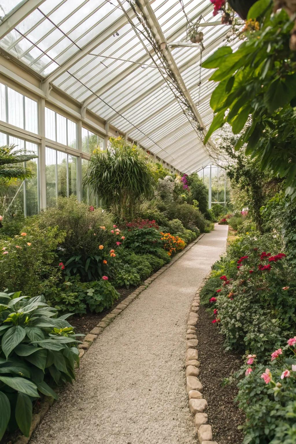 A well-designed pathway for easy access in a greenhouse.