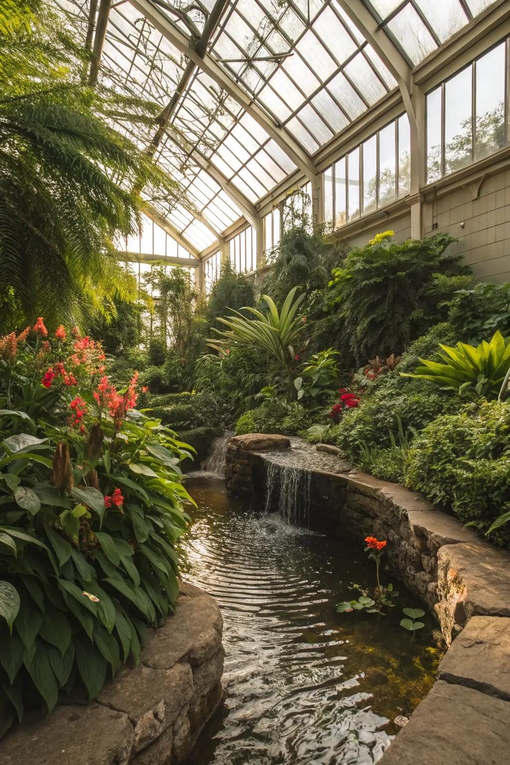 A water feature in a greenhouse adding humidity and tranquility.