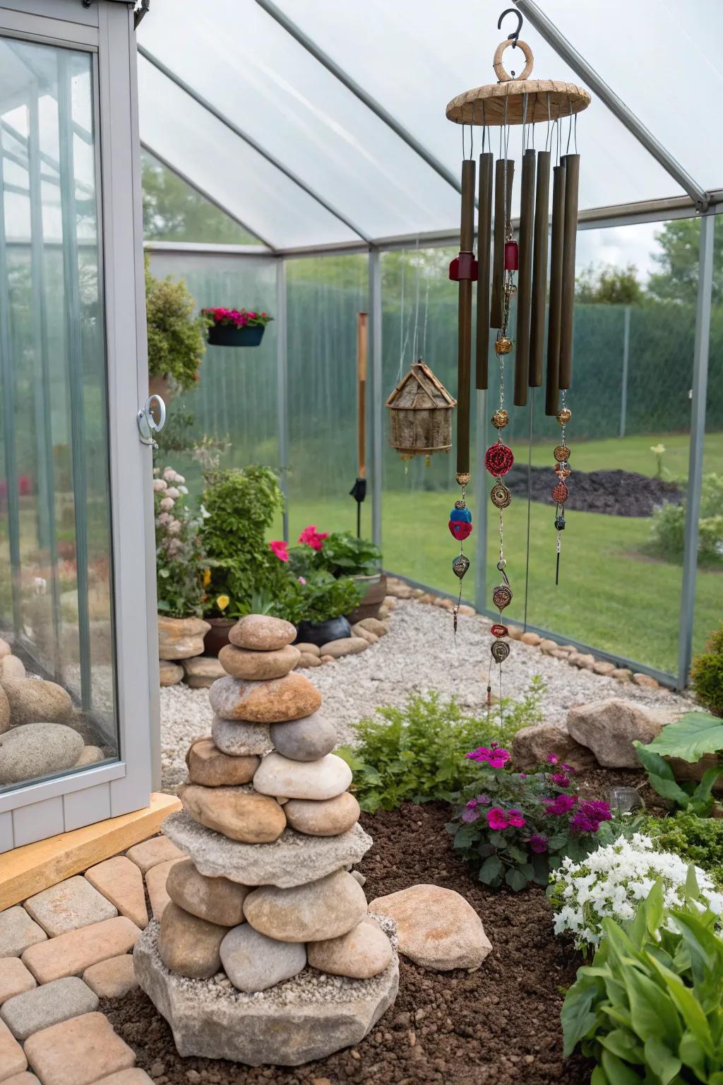 Decorative elements in a greenhouse adding charm and personality.