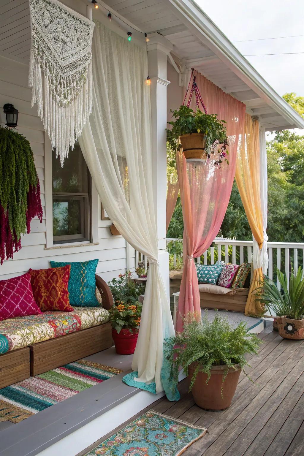 Elegant fabric drapes providing privacy and style on a Boho porch.