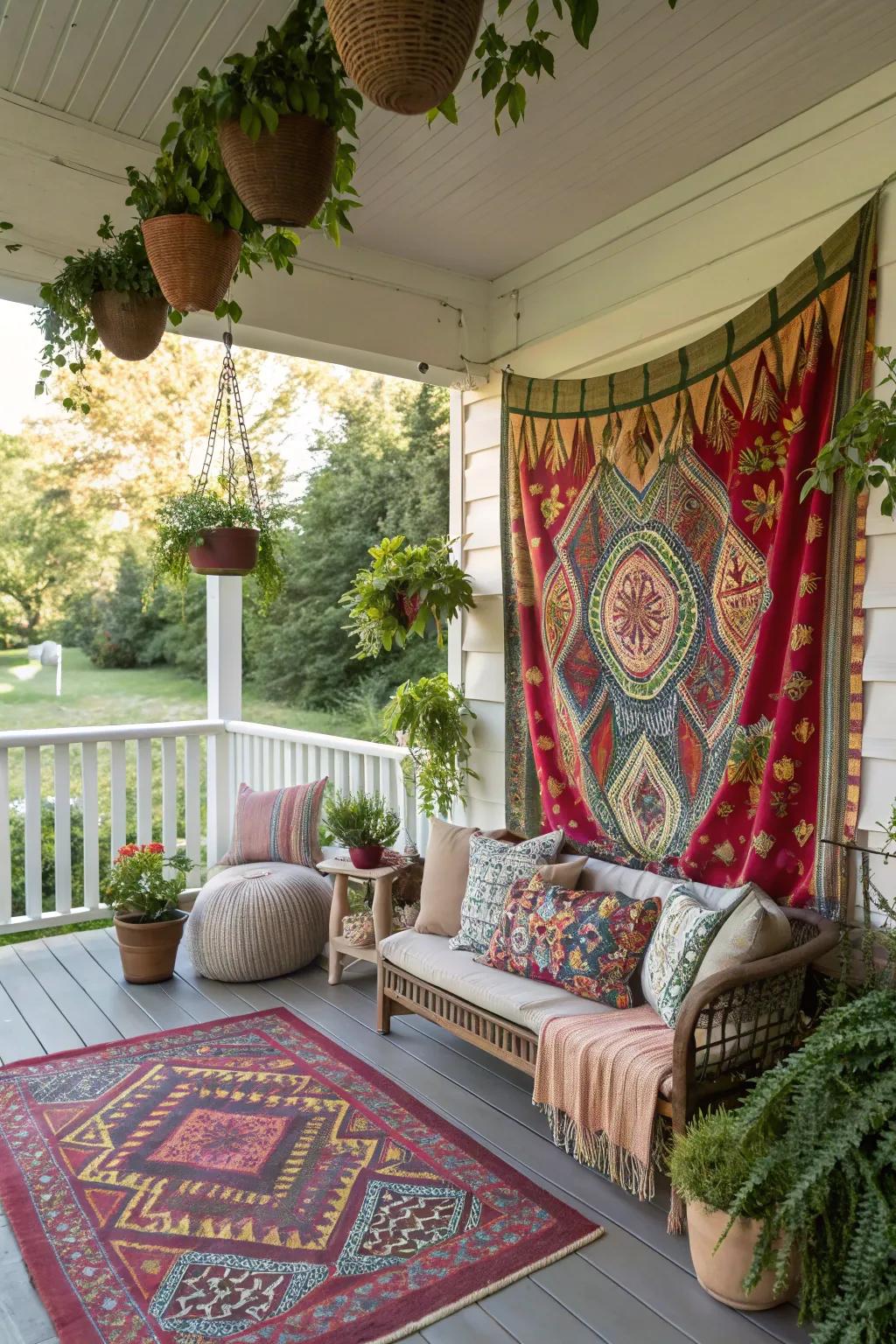 A striking tapestry elevating the Boho aesthetic of a porch.
