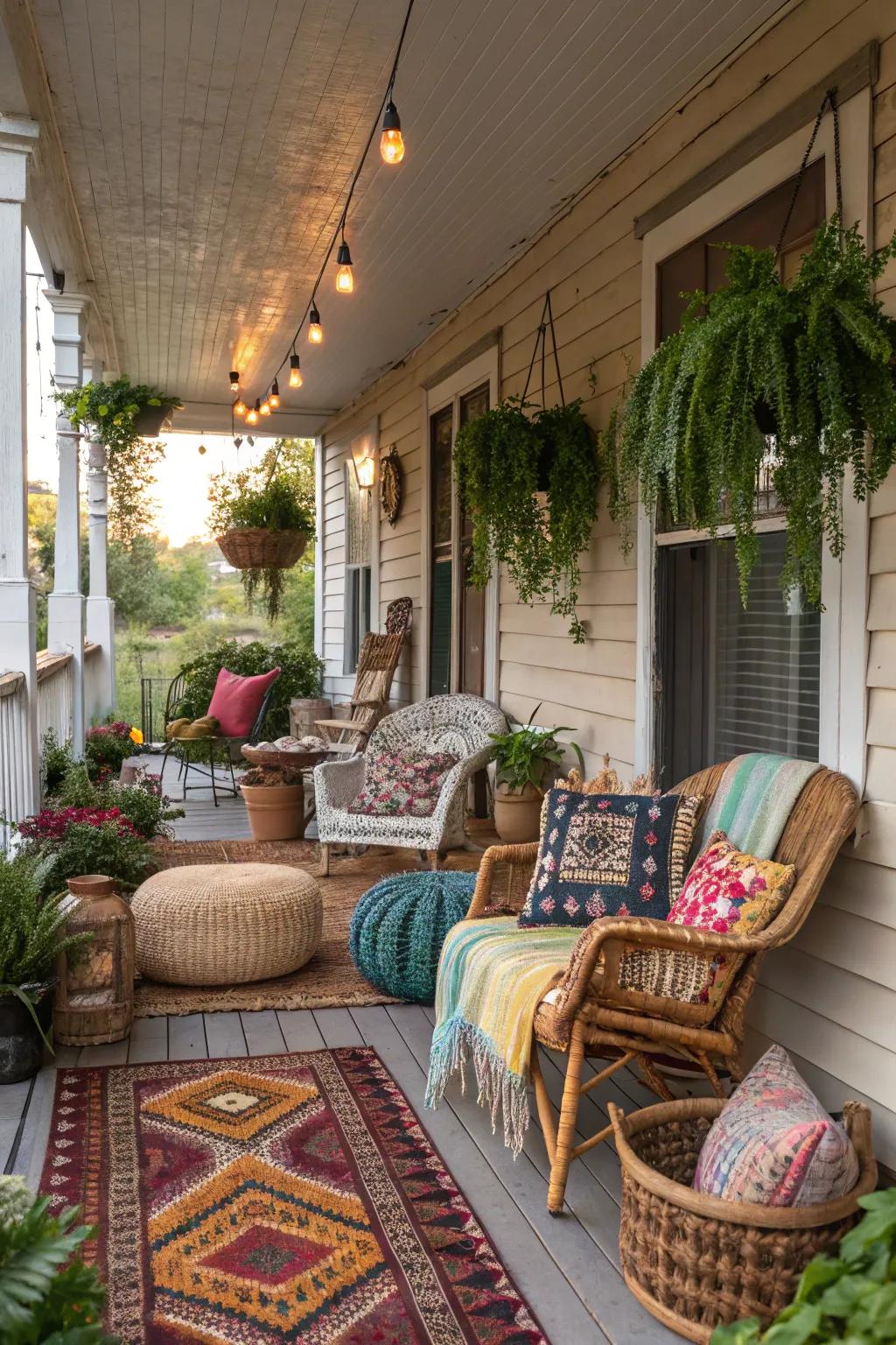 Vintage finds adding unique character to a Boho porch setting.