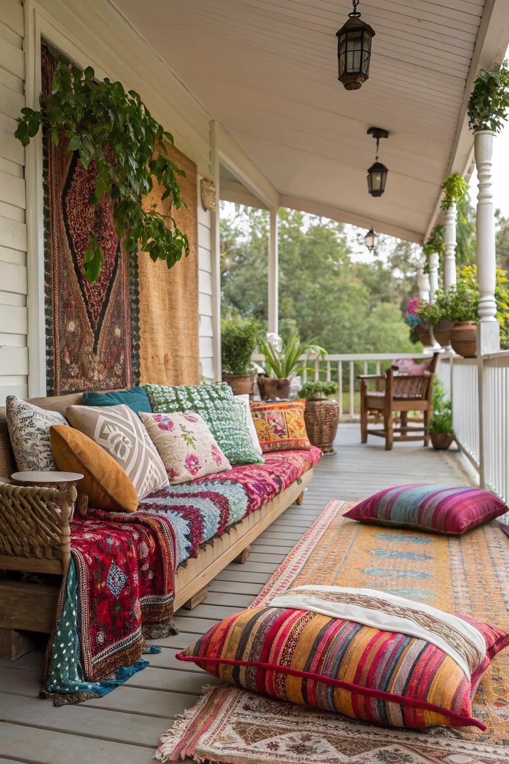 A vibrant display of colorful textiles on a Boho porch, creating a cozy atmosphere.