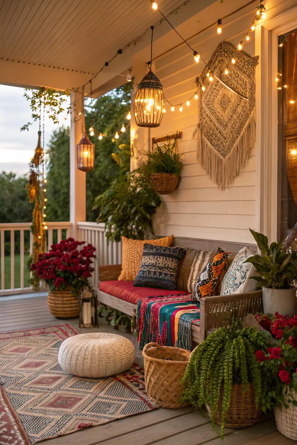 String lights casting a warm glow on a Boho porch, enhancing its inviting ambiance.