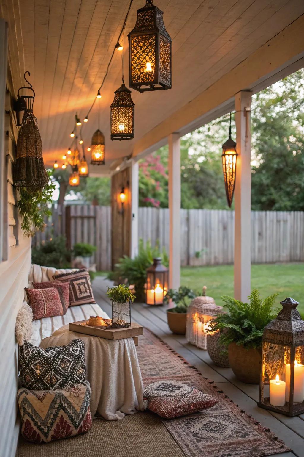Lanterns casting a warm, inviting glow on a charming Boho porch.