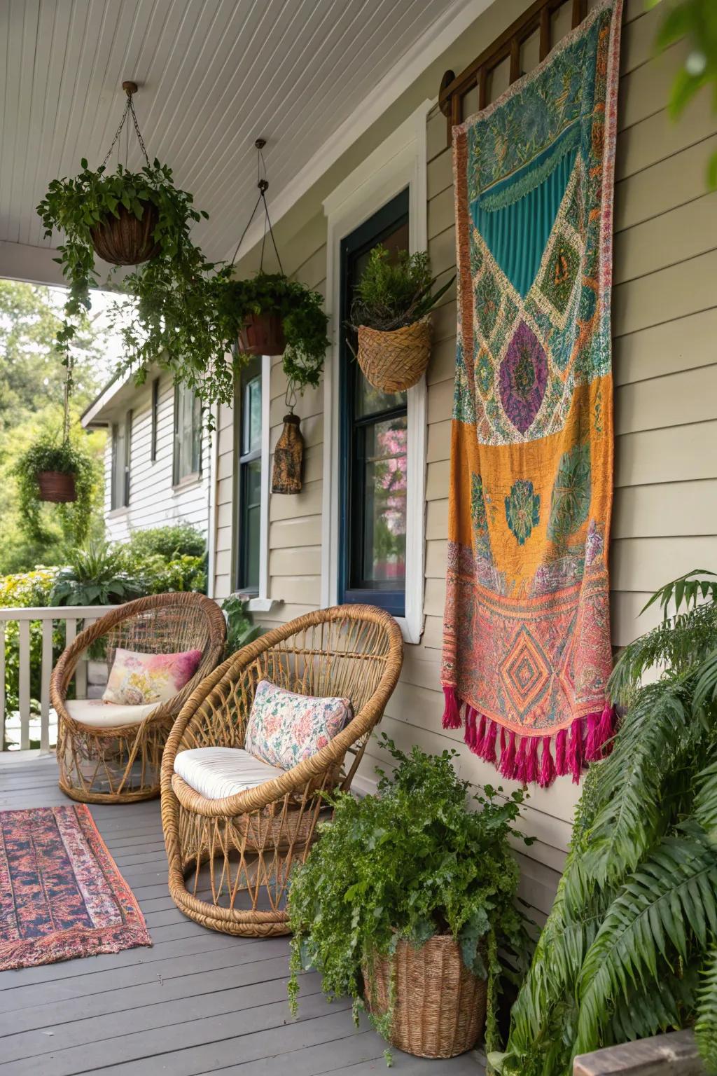 A detailed Bohemian wall hanging adding charm to a vibrant porch setting.