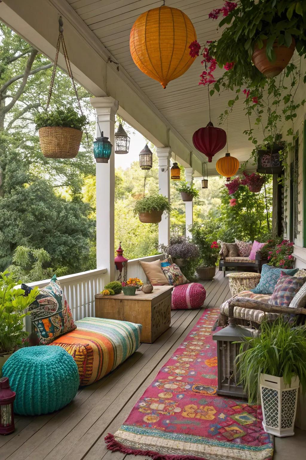 Bright pops of color enhancing the lively ambiance of a Boho porch.