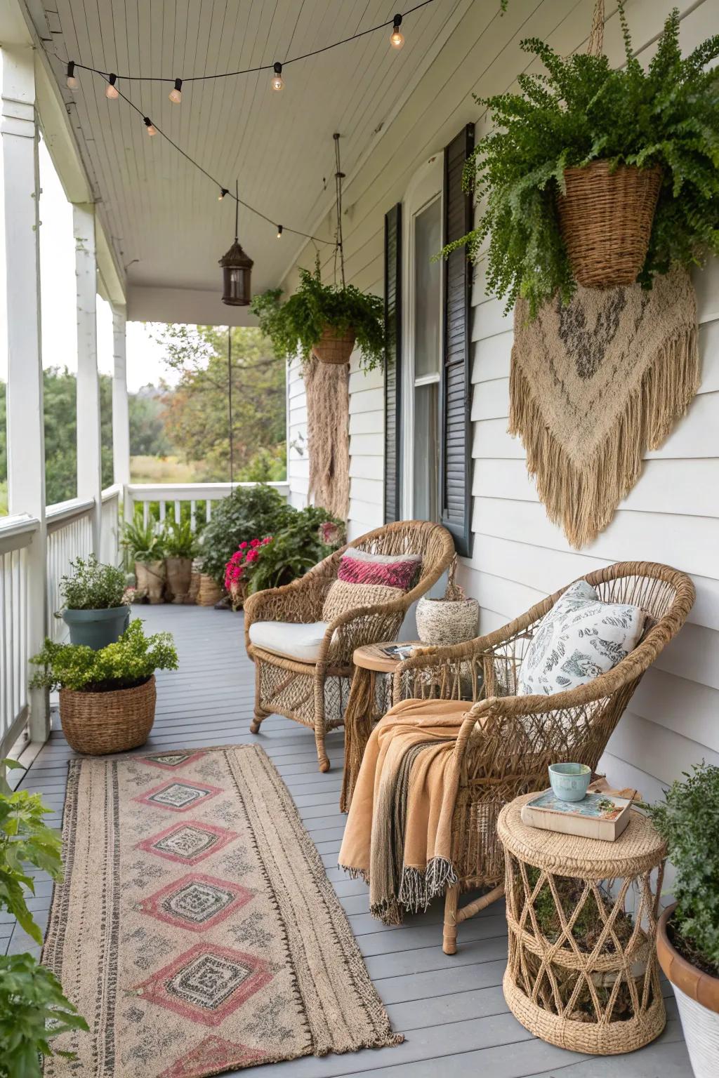 Natural driftwood accents complementing the Boho style of a vibrant porch.