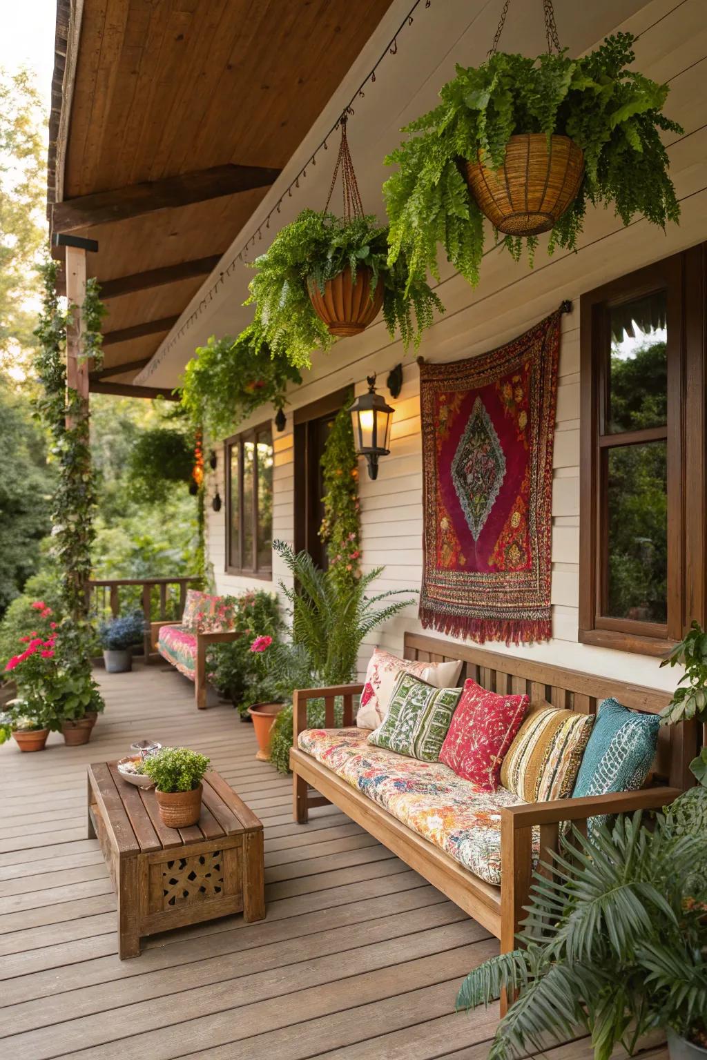Rustic wooden accents enhancing the natural beauty of a Boho porch.