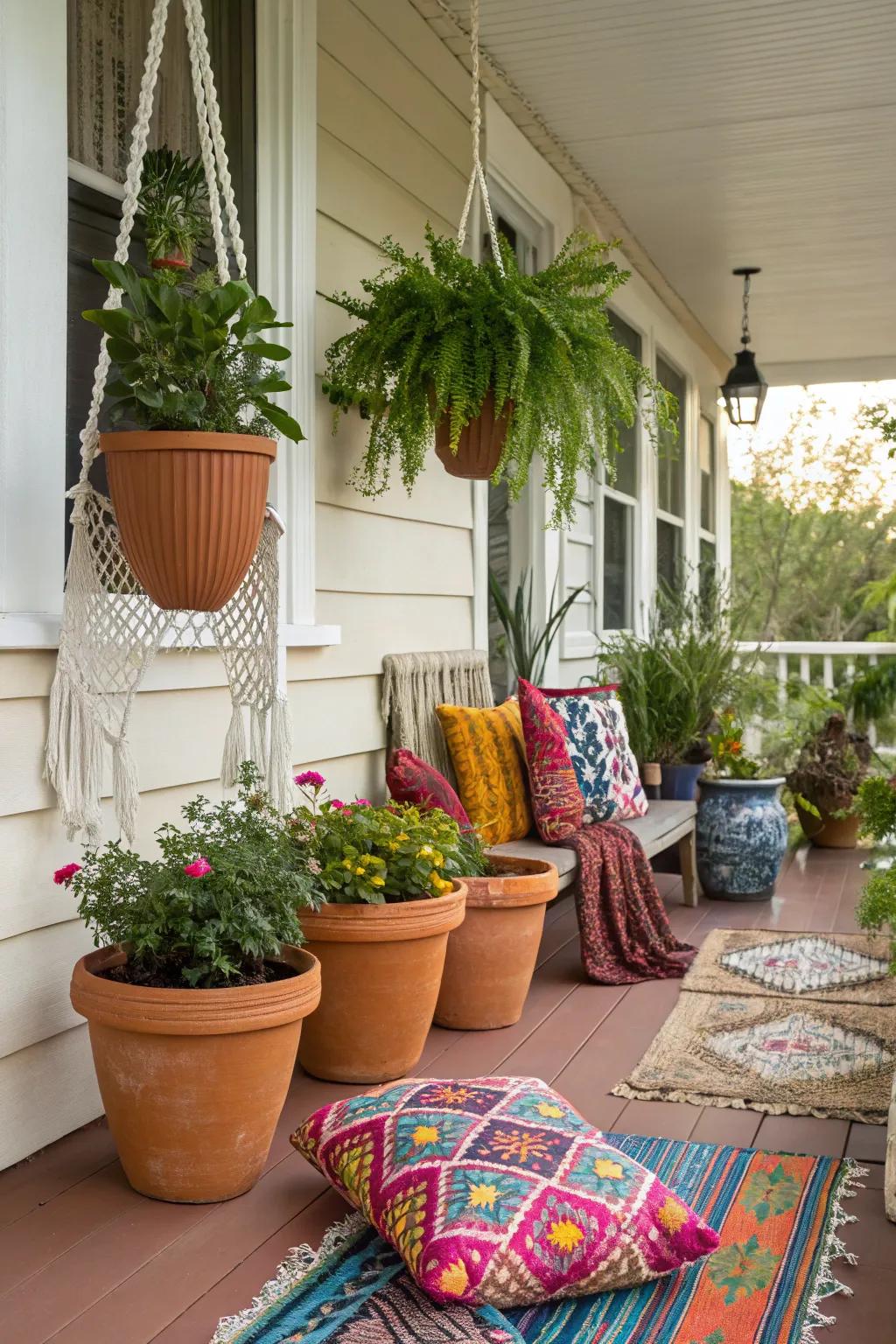 Earthy clay pots blending beautifully with the natural elements of a Boho porch.
