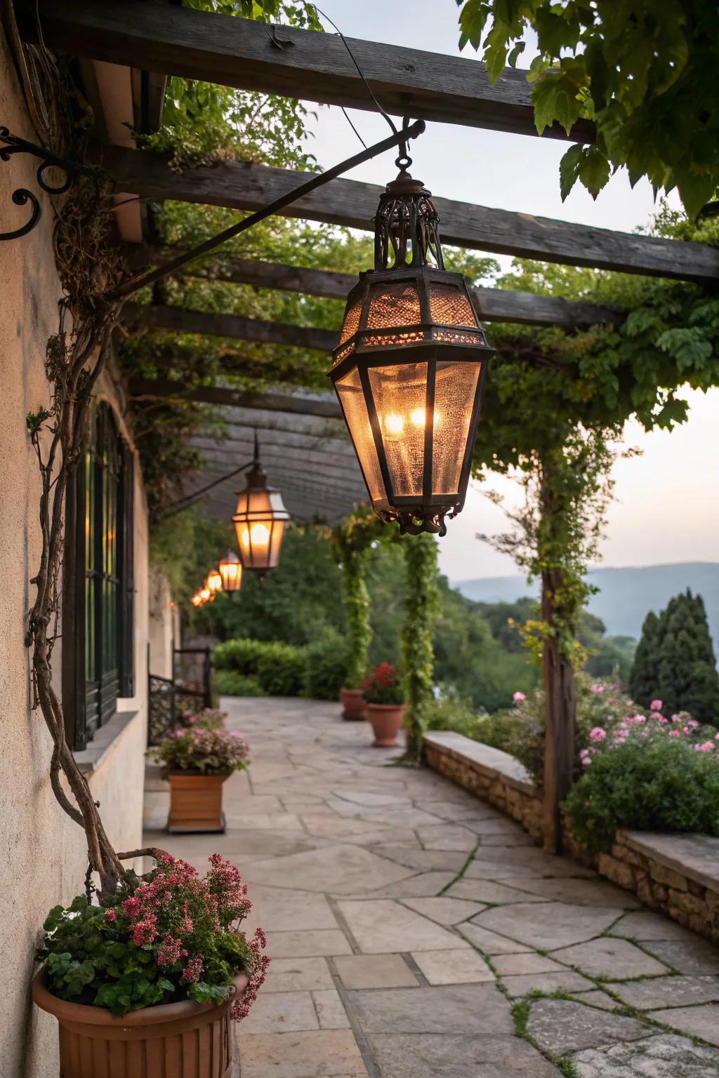 Vintage lanterns bring warmth and charm to outdoor evenings.