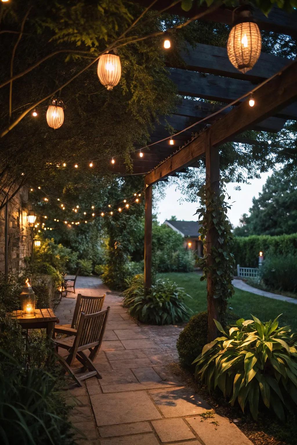 Outdoor lighting adds a magical touch to European-inspired patios.