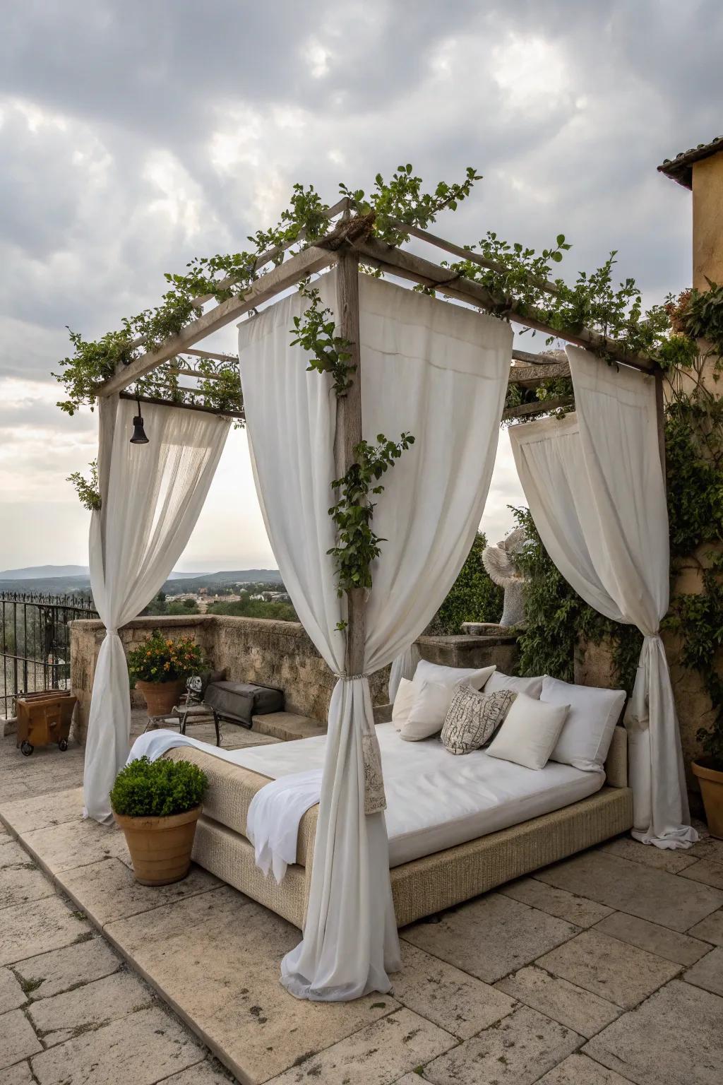 A canopy bed transforms a patio into a romantic retreat.