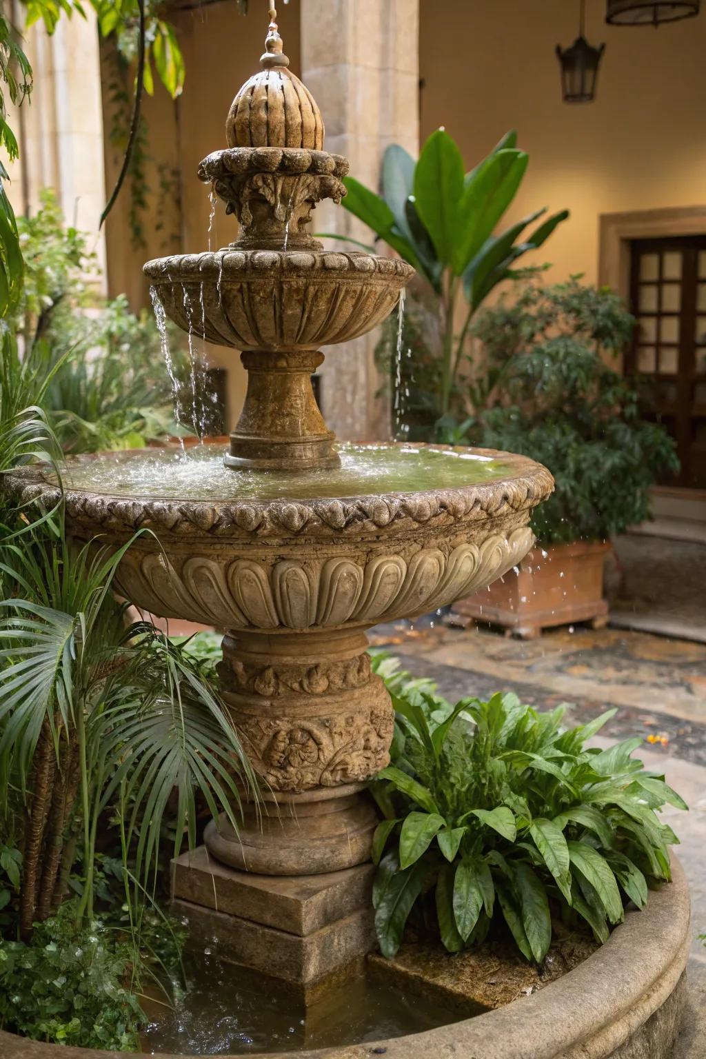 A fountain adds a soothing ambiance to any European-inspired patio.