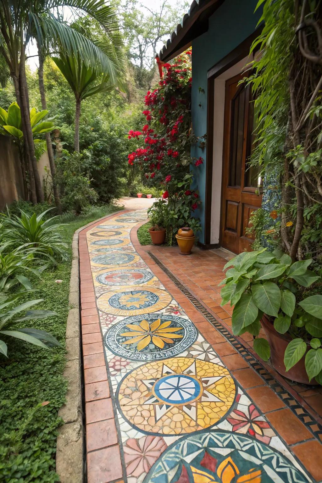 Mosaic tiles add vibrant color and artistic flair to patios.