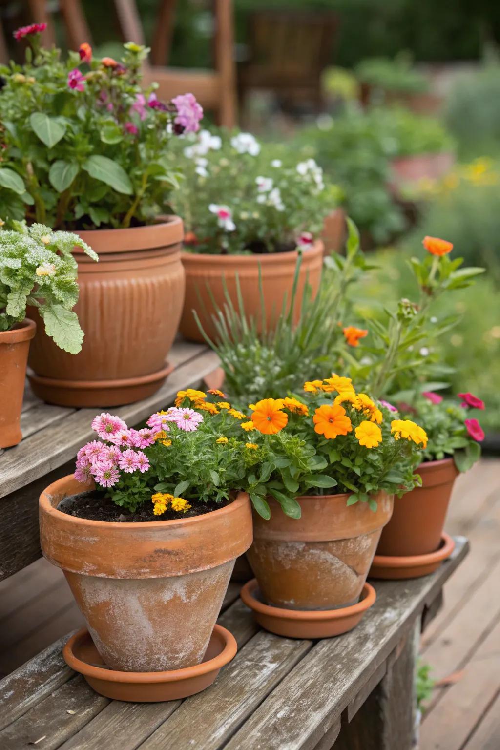 Terracotta pots filled with greenery add Mediterranean warmth to any patio.