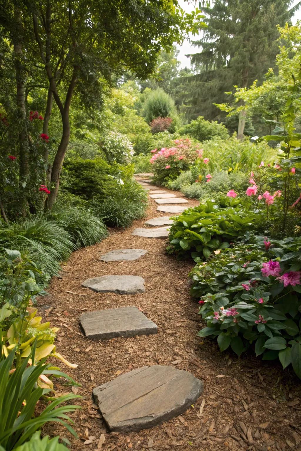 Stepping stones and cedar mulch make for a magical garden path.
