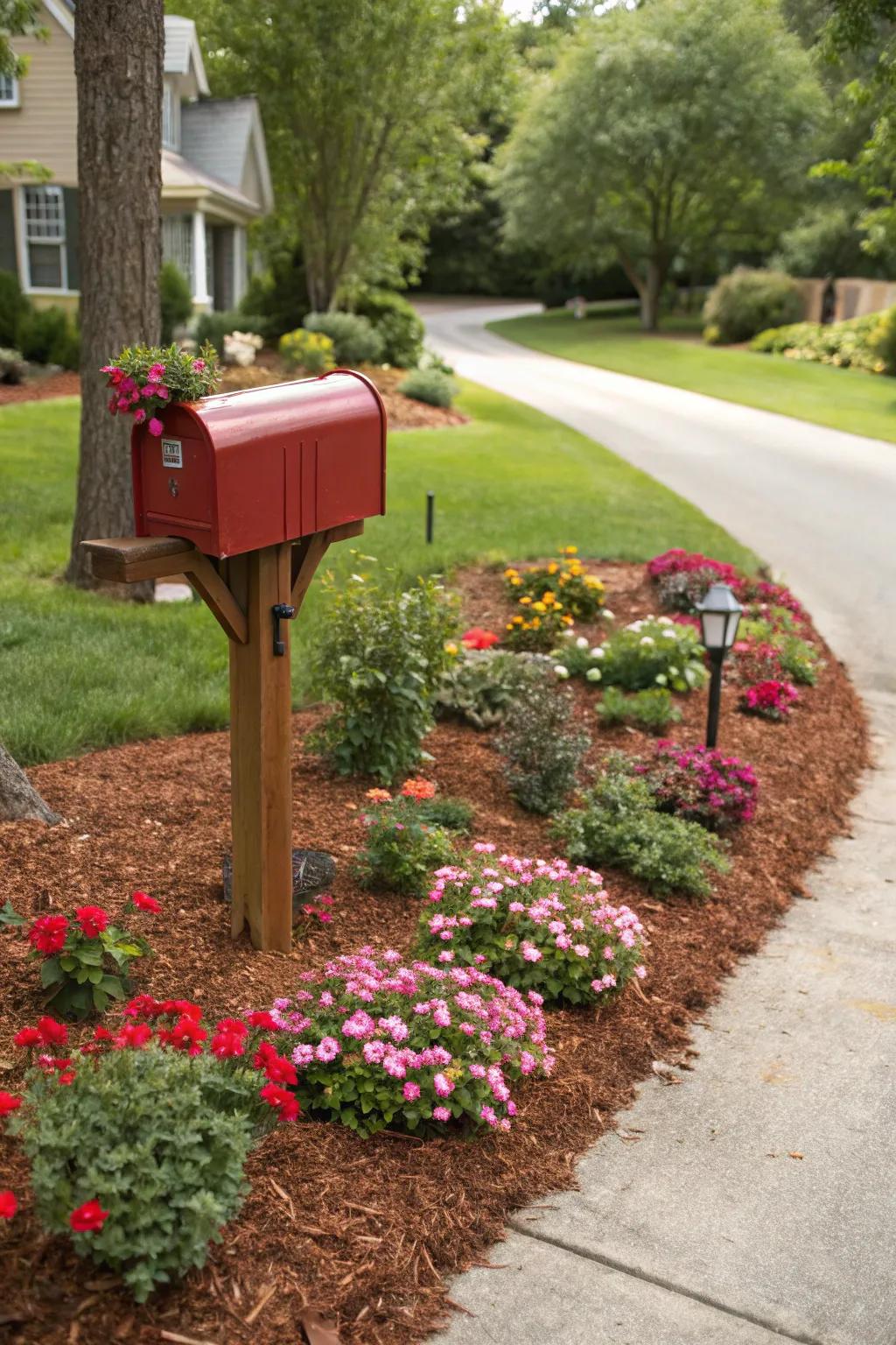 Cedar mulch enhances the beauty of a mailbox garden bed.