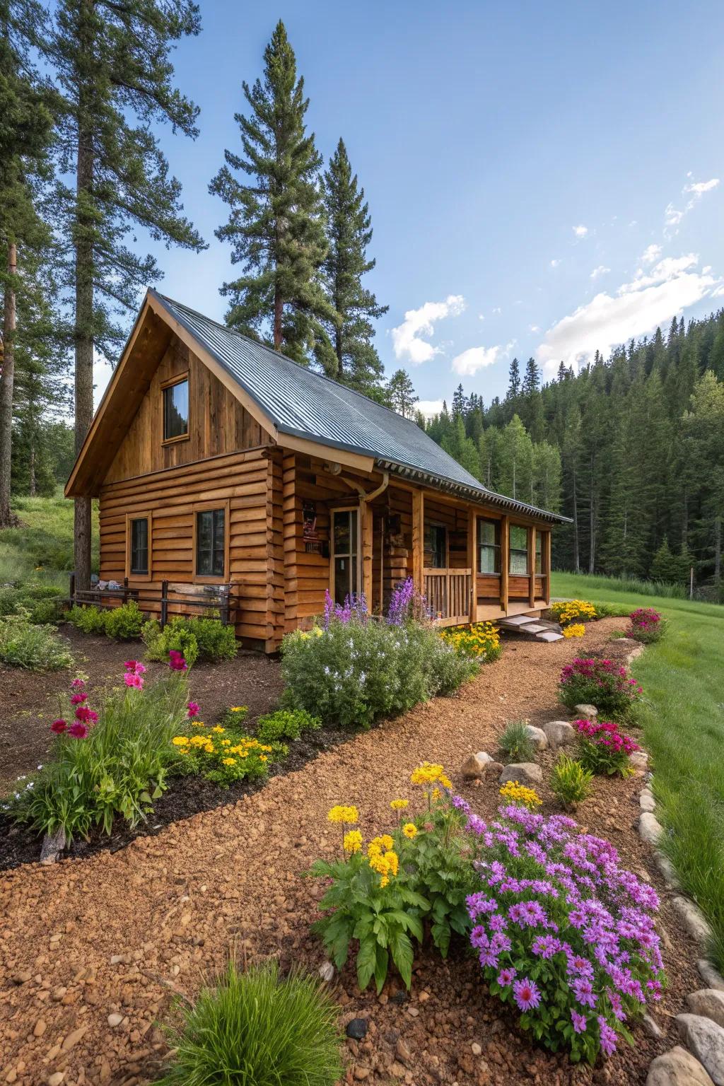 Cedar mulch adds rustic charm to cabin surroundings.