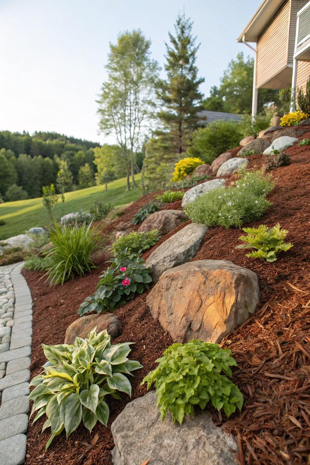 Cedar mulch helps control erosion on garden slopes.