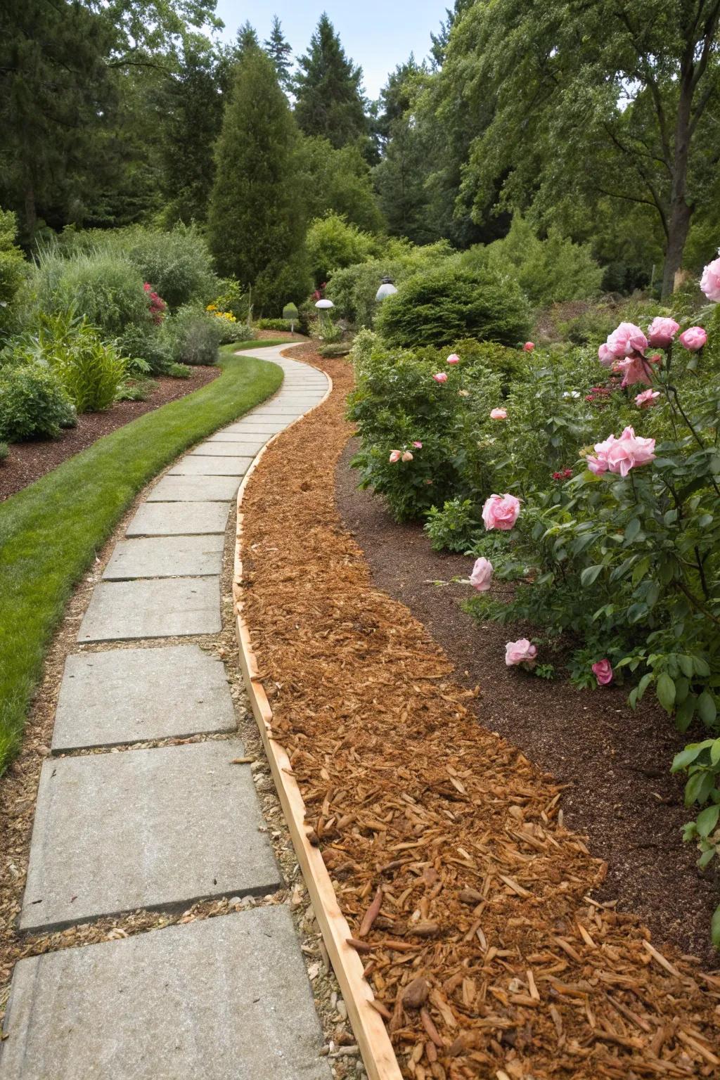 Cedar mulch adds elegance to the edges of garden pathways.