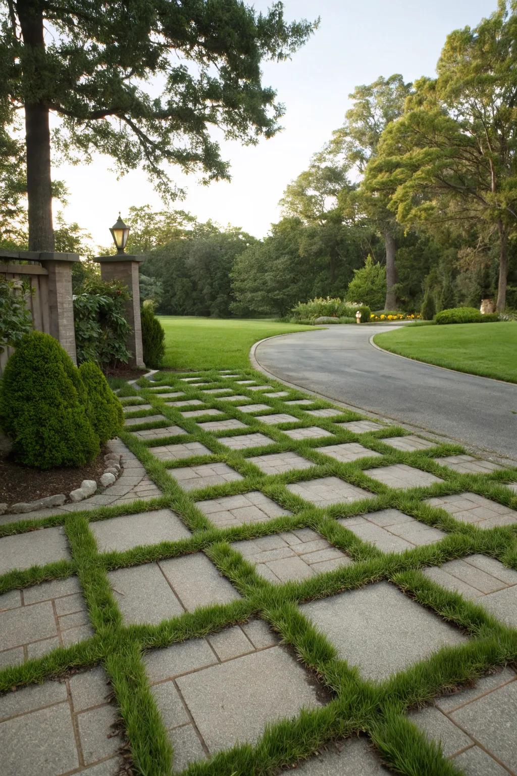 Grass pavers merge nature with functionality in a driveway.