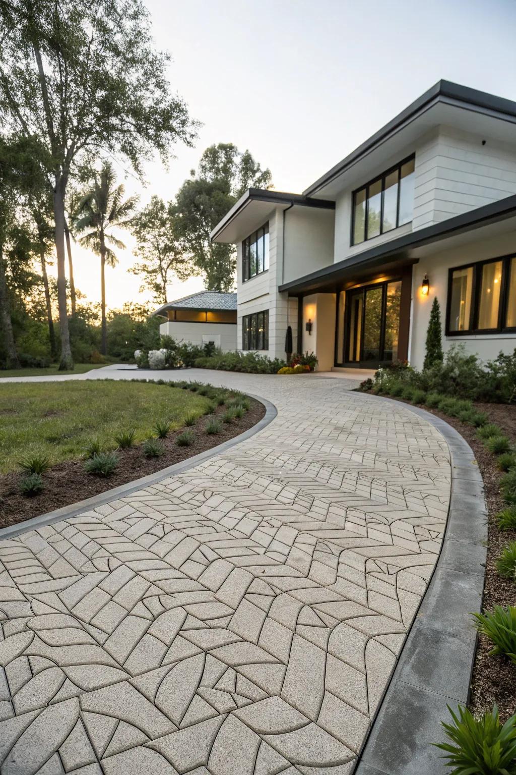 Concrete pavers laid in an eye-catching pattern for a unique driveway.