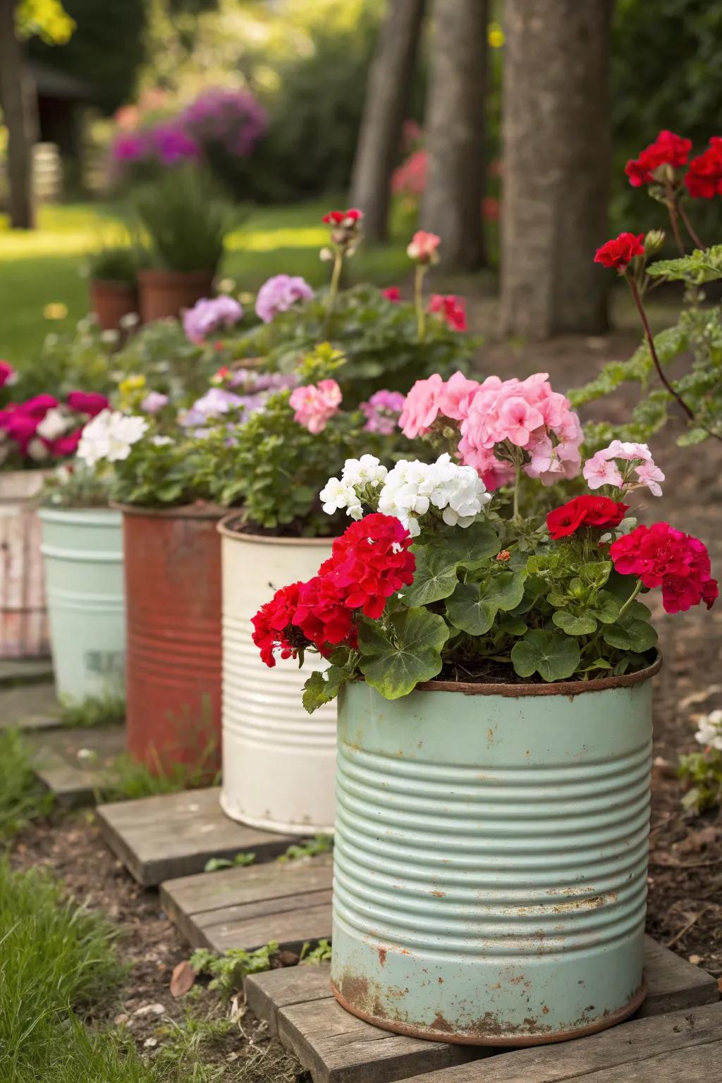 Rustic tin can planters offer a charming and simple way to display geraniums.